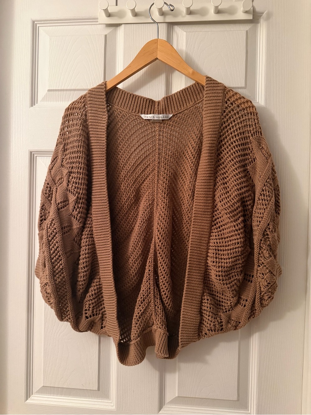 Peter Nygard Open-Front Cable & Mesh Knit Cardigan in Brown, size XL